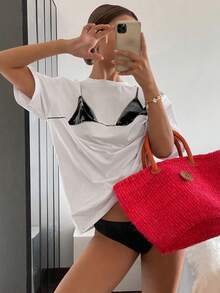 Livesso Casual Round Neck Short Sleeve Women's Loose Fit Bikini Print T-Shirt - White - View 6