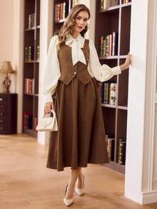 Vintamour 复古经典优雅女士两件套，修身撞色系带衬衫搭配半身裙，咖啡棕色两件套，秋冬款 - 咖啡棕 - 查看 6