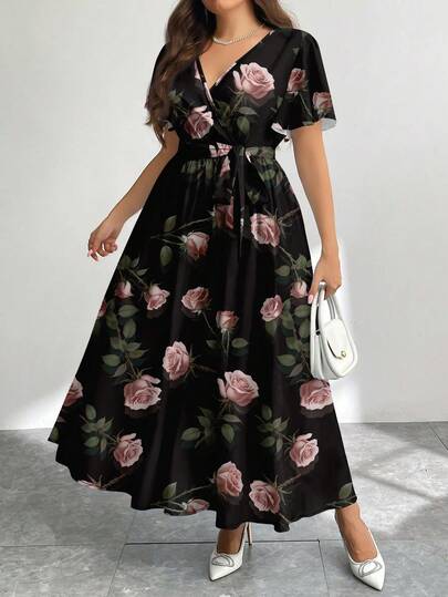 Modelyn Vestido holgado de talla grande con estampado floral vintage casual, adecuado para otoño/invierno