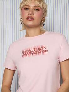 COUREZ “爱我”印花短袖缩水T恤 / Y2K 春季可爱性感女式上衣 粉色外出派对上衣 约会之夜 情人节 - 粉色 - 查看 7