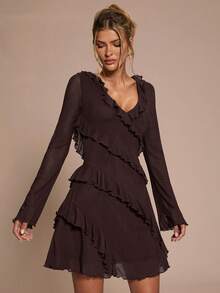 SHEIN BAE Robe d'automne simple pour femmes avec nœud, volants à l'ourlet - Marron - Voir 5