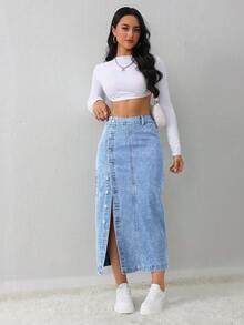 SHEIN Tall Jupe en jean pour femmes, jupe mi-longue décontractée et ample avec fente sur le côté, bleu clair, pour grandes tailles. Jupe bleue pour l'hiver, vêtements pour femmes - Jean clair - Voir 5