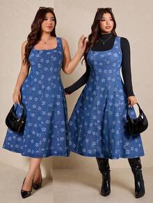 Elaquor Đầm denim cạp chun eo họa tiết hoa không tay cổ vuông thời trang cỡ lớn - Màu xanh lam - Xem 2