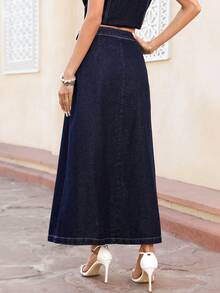 Selianne 女士休闲A字牛仔迷你裙，适合日常通勤 - 深色水洗藍 - 查看 2