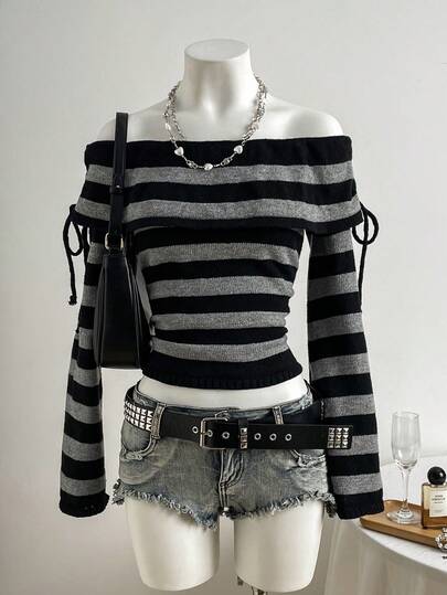 Elamini 女士休闲撞色条纹露肩毛衣，春秋季