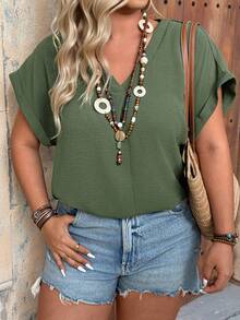 Ceyna Women's New Round Neck Short Sleeve Pleated Back Chiffon Cuffed Elegant Casual Blouse, Spring/Summer - Green - View 5