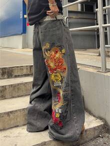 ROMWE MEN Grunge Punk Quần jeans nam ống rộng dáng suông thêu hình rồng, phong cách thường ngày. - Xám - Xem 5