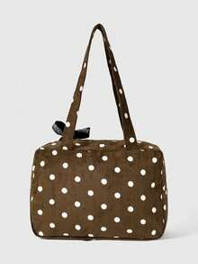 ROMWE Anime 1 pieza Bolso de mano de mujer con estampado de lunares, parche de corazón con lazo, estilo pop art. Bolso de hombro transparente de segunda generación con notas musicales, adecuado para compras, campus - Óxido marrón - Ver 4