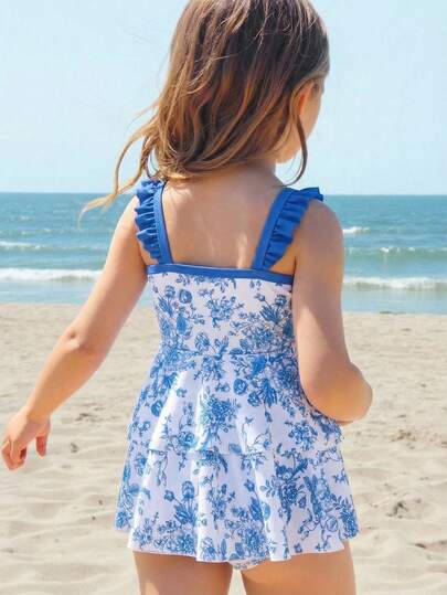 Emery Rose Kids Emery Rose Kids 女童/少女蓝色碎花荷叶边连体泳衣配沙滩裙