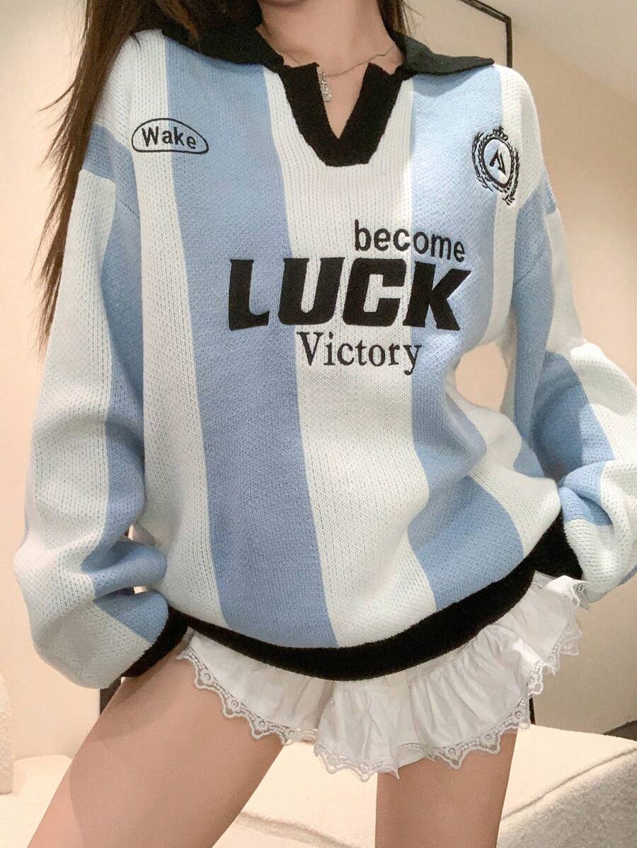 DAZY 女士撞色条纹字母提花套头衫、长袖上衣、秋装 - 藍色 - 查看 1