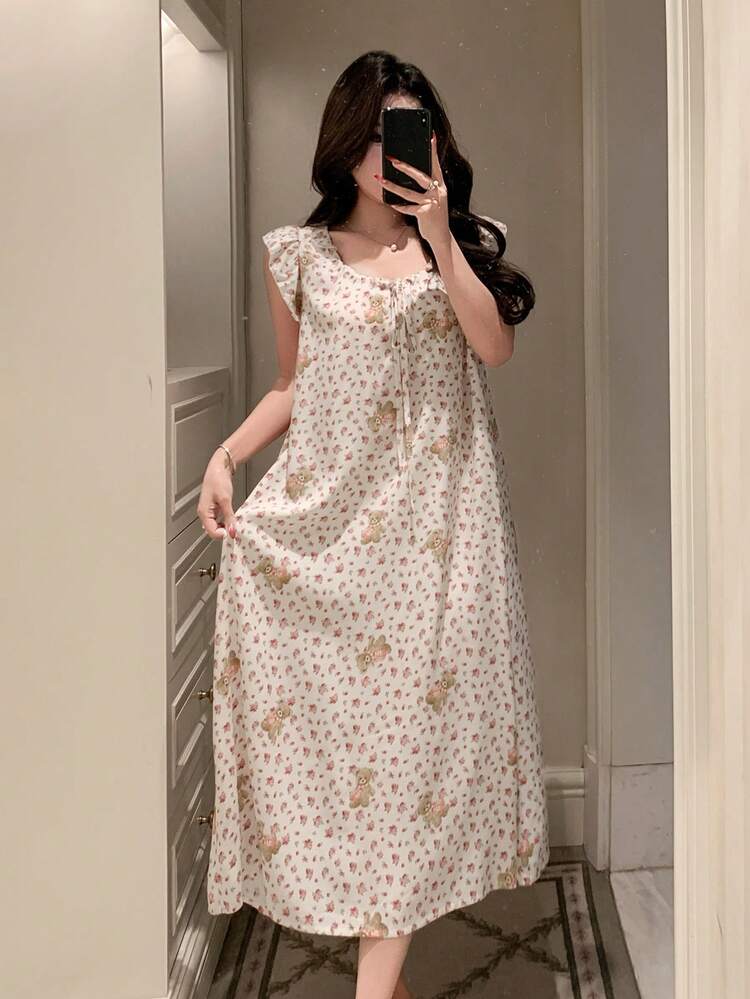 Floral & Teddy Bear Print Ruffle Hem Loose Women Nightgown