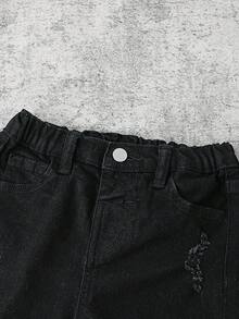 男童新款时尚破洞磨边黑色牛仔布，红色拼接弹力修身牛仔裤，适合春夏穿着，适合儿童日常穿着、街头风、沙滩装、度假装、休闲装、图案牛仔裤、幼儿牛仔裤、4岁男童牛仔裤、夏季牛仔裤、休闲牛仔裤、破洞牛仔裤 - 黑色 - 查看 6