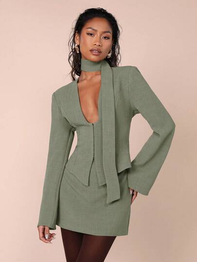 COSMINA Women's Solid Color Long Sleeve Front Button Cardigan And Midi Skirt Casual 2-Piece Set