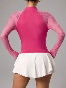 CourtClass Women's Contrast Lace Raglan Sleeve Zip-Up Golf Polo Shirt - Hot Pink - View 2