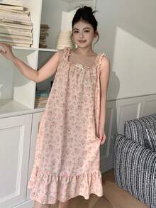 Dazy Plus Ditsy Floral Loose Fit Sleeveless Long Nightgown, Cute Loungewear - Pink - View 5