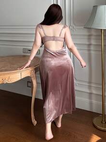 Dazy Plus Elegant Contrast Lace Elastic Fitted Long Sleeveless Nightgown, Spring/Summer - Mauve Purple - View 2