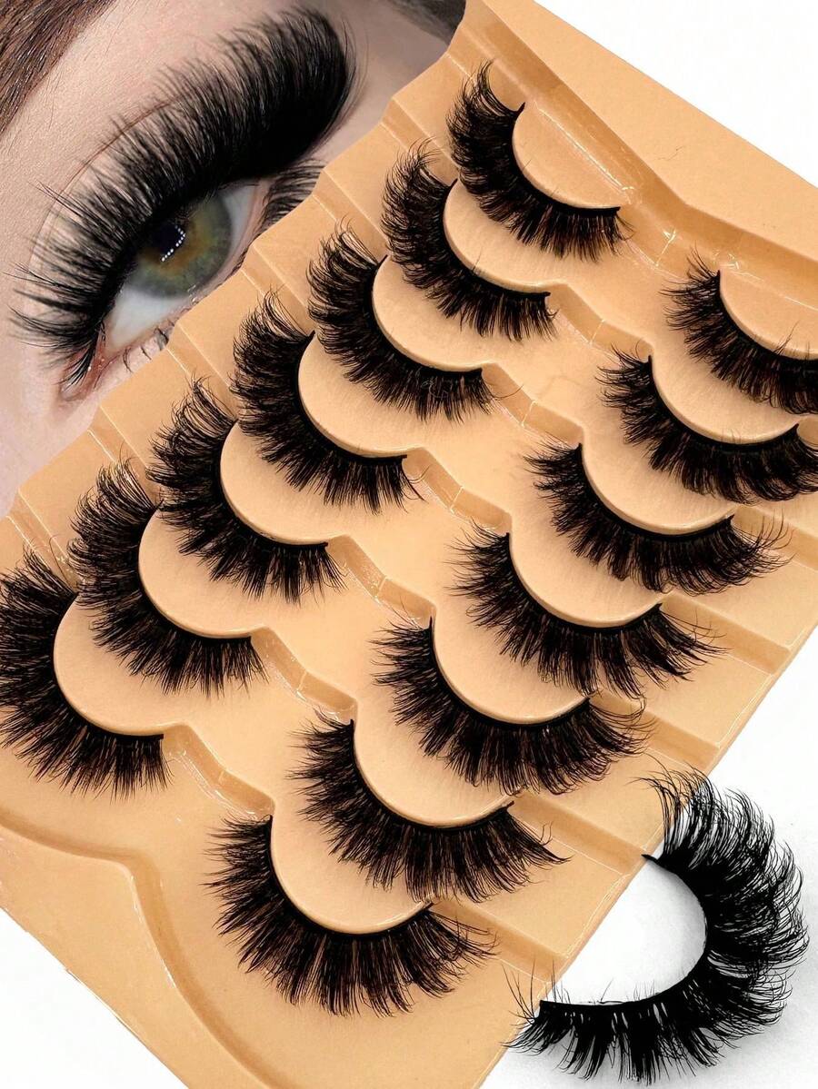 7对5D蓬松假睫毛，手工制作，可重复使用，自然短款柔软貂毛睫毛，打造浓密3D立体妆效，适合眼部彩妆、派对、日常佩戴 - 黑色 - 查看 1