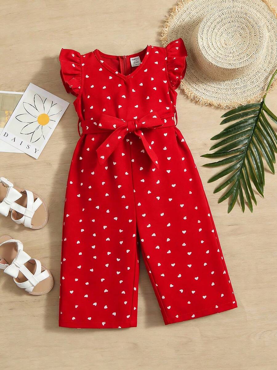 SHEIN Baby Girl Casual Round Neck Cap Sleeve Heart Pattern Romper