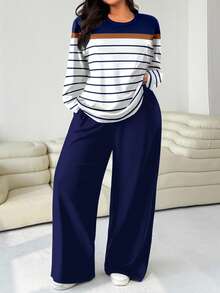 SHEIN EZwear 大码女式黑白条纹圆领长袖T恤和长裤休闲两件套，秋冬女式两件套，舒适居家两件套，长袖两件套 - 彩色 - 查看 5