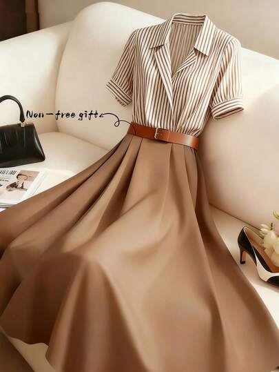 GlowEve 女士条纹印花撞色优雅中长短袖连衣裙