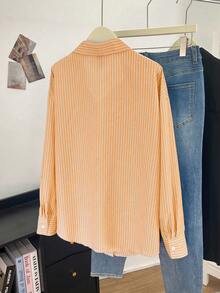 Franclia 大码女式长袖单排扣条纹休闲梭织衬衫，秋冬款 - 橘色 - 查看 2