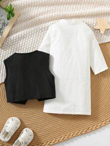 SHEIN 2pcs Newborn Baby Boy Autumn White Long Robe Shirt & Black Vest Set,Baptism,Wedding & Performance - Multicolor - View 4
