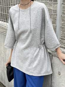 FRIFUL 女士宽松腰身收腰圆领中袖基础款T恤，适合通勤穿着 - 米色 - 查看 1