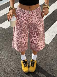 StreetHx Y2K Fashion Casual Street Style Pink Leopard Print Low Waist Cropped Jeans - Pink - View 1