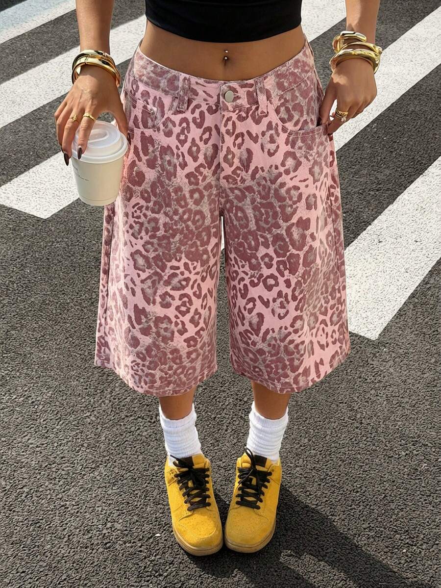 StreetHx Y2K Fashion Casual Street Style Pink Leopard Print Low Waist Cropped Jeans - Pink - View 1
