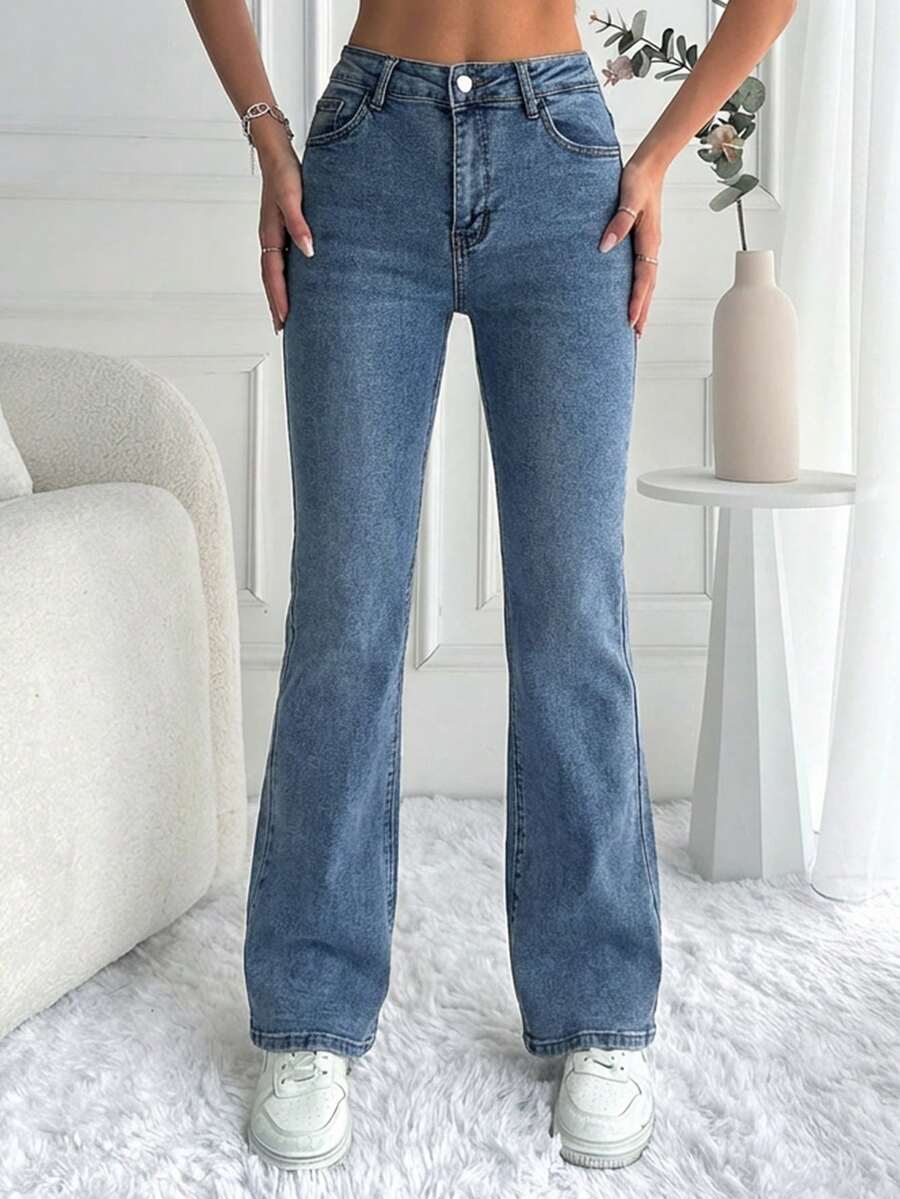 Cottnline Women's Pocket Button Casual Versatile Commute Flare Jeans Y2k Jeans Low Rise Jeans Boot Cut Jeans Flared Jean Cowgirl Jeans - Blue - View 1