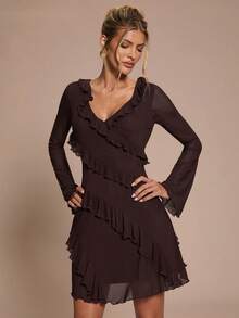 SHEIN BAE Robe d'automne simple pour femmes avec nœud, volants à l'ourlet - Marron - Voir 6