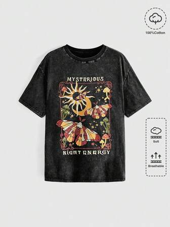 Grunge Punk Mysterious Star, Moon & Butterfly Print Washed Plus Size T-Shirt