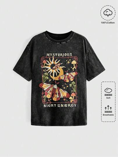 Grunge Punk Maglietta oversize lavata con stampa misteriosa di stelle, luna e farfalle