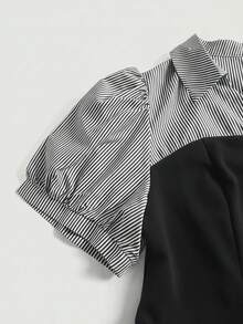 SHEIN MOD 大码蓝白条纹拼接黑色优雅通勤二合一连衣裙套装 - 黑與白 - 查看 4