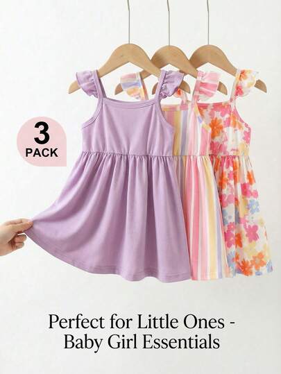 SHEIN Playful Pals 3 Pack Baby Girls Cute Casual Summer Outfits Floral Print Multicolor Striped Pattern Solid Color Purple Pink Ruffle Trim Strap Sleeveless Tank Dress Set Soft Stretchy Toddler Infant Beach Vacation Party Sundress Clothes Vestidos Baby Girl Clothes Multipack Baby Girls Dresses Pack Of Dress Toddler 3 Seperate Semi Matching Baby Girls Dresses 1t Girl Clothes 3 Pack