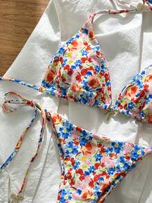 Swim Mod 2件套 女士夏季随机印花露背蝴蝶结吊坠比基尼泳衣套装 - 彩色 - 查看 3