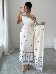 Yasmyna 女士条纹缎带拼接亮片不对称肩部优雅阿拉伯连衣裙 - 白色 - 查看 2