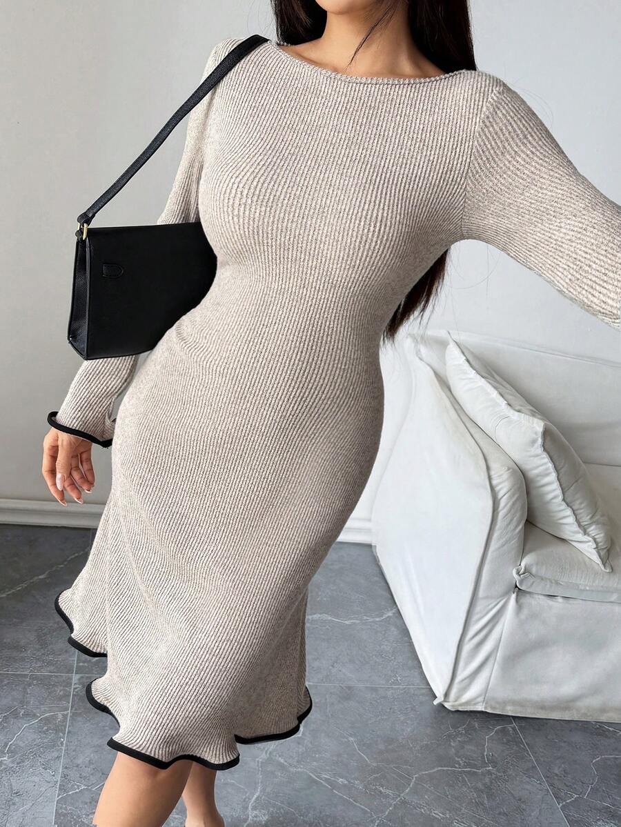 Modelyn Vestido ajustado de manga larga de punto acanalado con volantes en el bajo, para otoño/invierno - Caqui - Ver 1