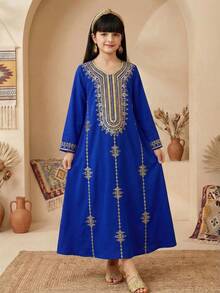 SHEIN Tween Girls' Fashionable Printed V-Neck Long Sleeve Dress