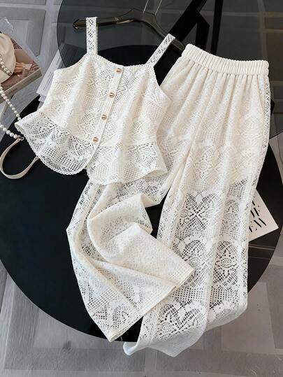 GlowEve CURVE Plus Size Women Hollow Out Single-Breasted Top And Wide Leg Pants Elegant Lady Outfit For Daily Wear