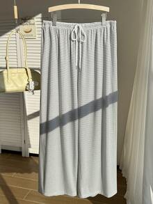 Comfortcana 加大码黑白条纹休闲抽绳裤，秋冬款 - 白色 - 查看 4