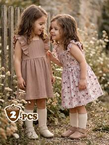 SHEIN Vintaside Kids 两件套女婴休闲纯色粉色碎花无袖连衣裙，适合户外玩耍或居家穿着。 - 彩色 - 查看 1