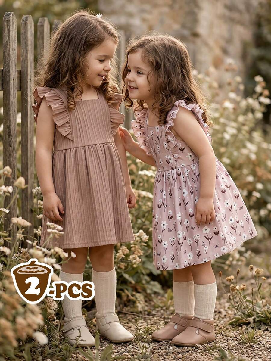 SHEIN Vintaside Kids 两件套女婴休闲纯色粉色碎花无袖连衣裙，适合户外玩耍或居家穿着。 - 彩色 - 查看 1