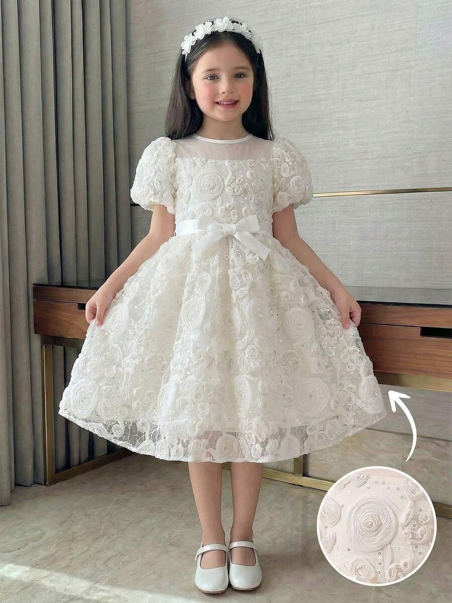 SHEIN Girls' Apricot High-End Luxury Lightweight Dress, Sophisticated Fabric, Minimalist Elegant Snug Fit Sweet Dress - Apricot - View 1