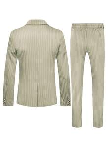 Manfinity Mode Men's Striped Print Double-Breasted Long Sleeve Suit Jacket And Slant Pocket Suit Pants Set - Khaki - View 2