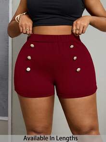 SHEIN PETITE CURVE Pantalones cortos de talla grande con cintura alta y detalles de botones para el verano - Burdeos - Ver 1