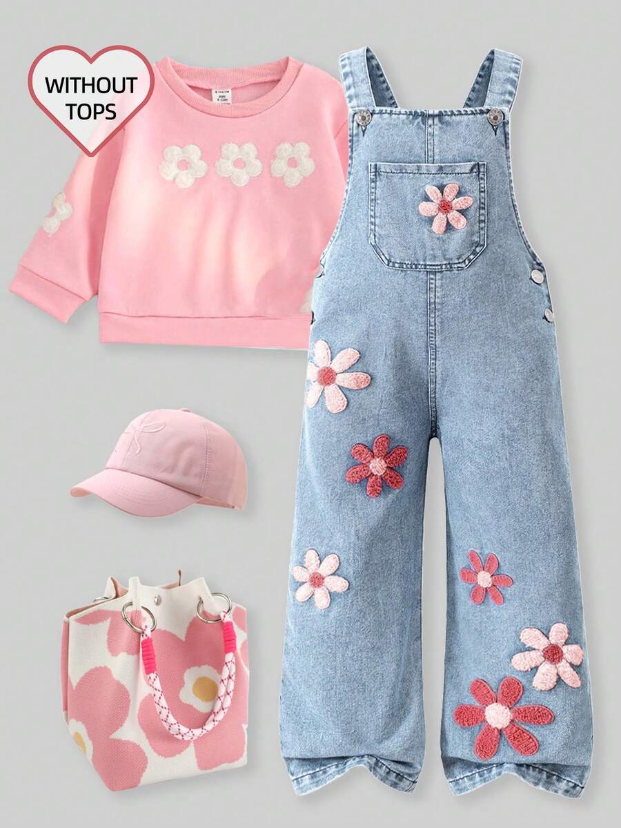 Young Girls' Fashion Applique Suspender Pants (No Top) - Light Wash - View 1