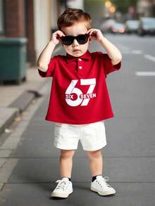 SHEIN 2pcs/Set Young Boys' Contrast Color 67 Letter Patchwork Polo Shirt & White Cargo Shorts, Casual School Style, Comfortable & Versatile Fabric, Suitable For Daily Wear, Outings, Outdoor, Holidays, Beach Vacations, Spring/Summer - Multicolor - View 4