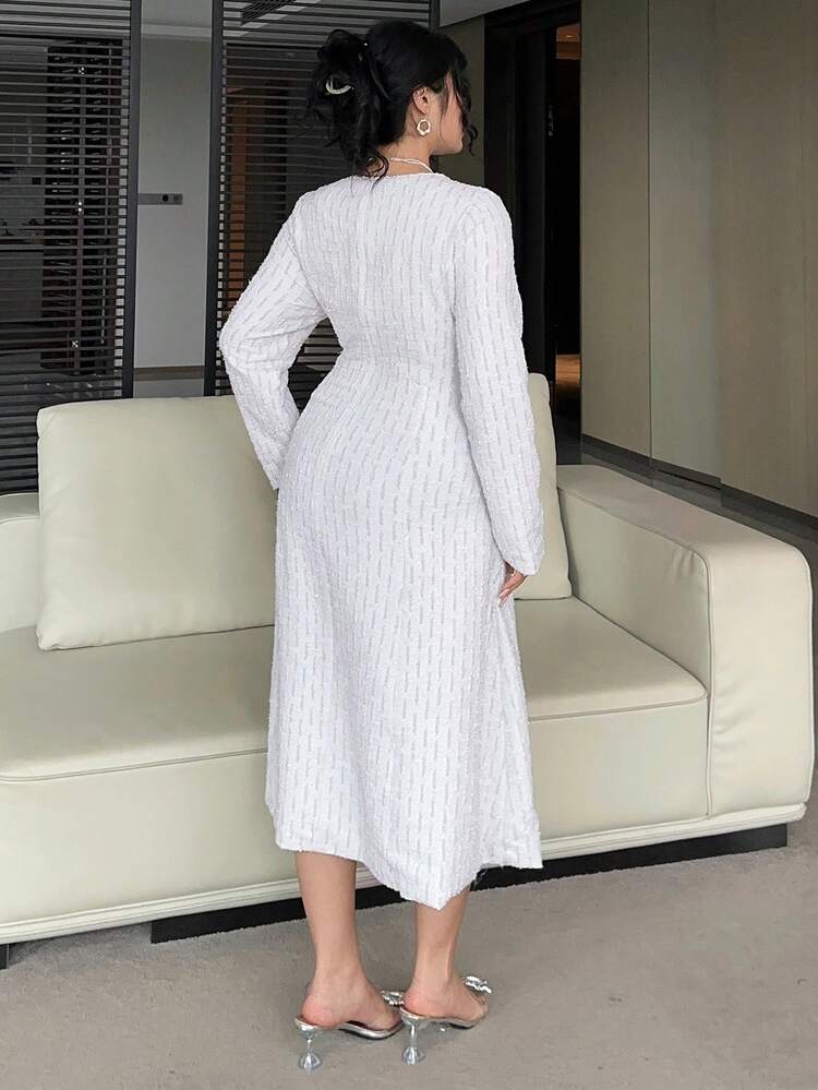 Dazy Plus V-Neck Fitted Elegant Long Party Dress, Plus Size Women, Long Sleeve, Spring/Autumn Maxi Dress Sundress