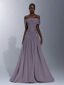 Elitara Elegant Gray-Purple High Stretch Mesh Off Shoulder Waist Slimming Ruched Handmade Beaded Rhinestone A-Line Dress, Suitable For Dates, Vacations, Singles Parties, Weddings, Formal Galas - Dusty Purple - View 2